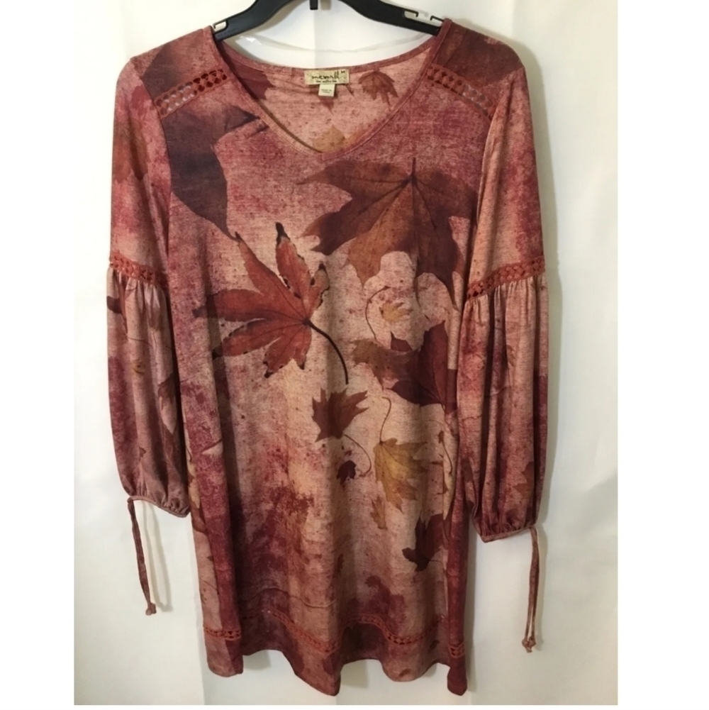 One World Women's Fall Leaf Rusts/Browns Dress Medium Long Sleeve Crochet